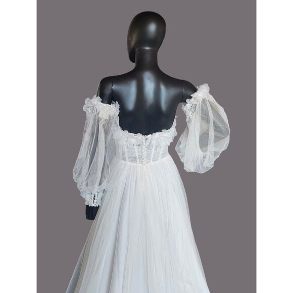 Ivory/Latte Floral Full Tulle Wedding Gown/Removeable Sleeves - Sincerity - Picture 14 of 16